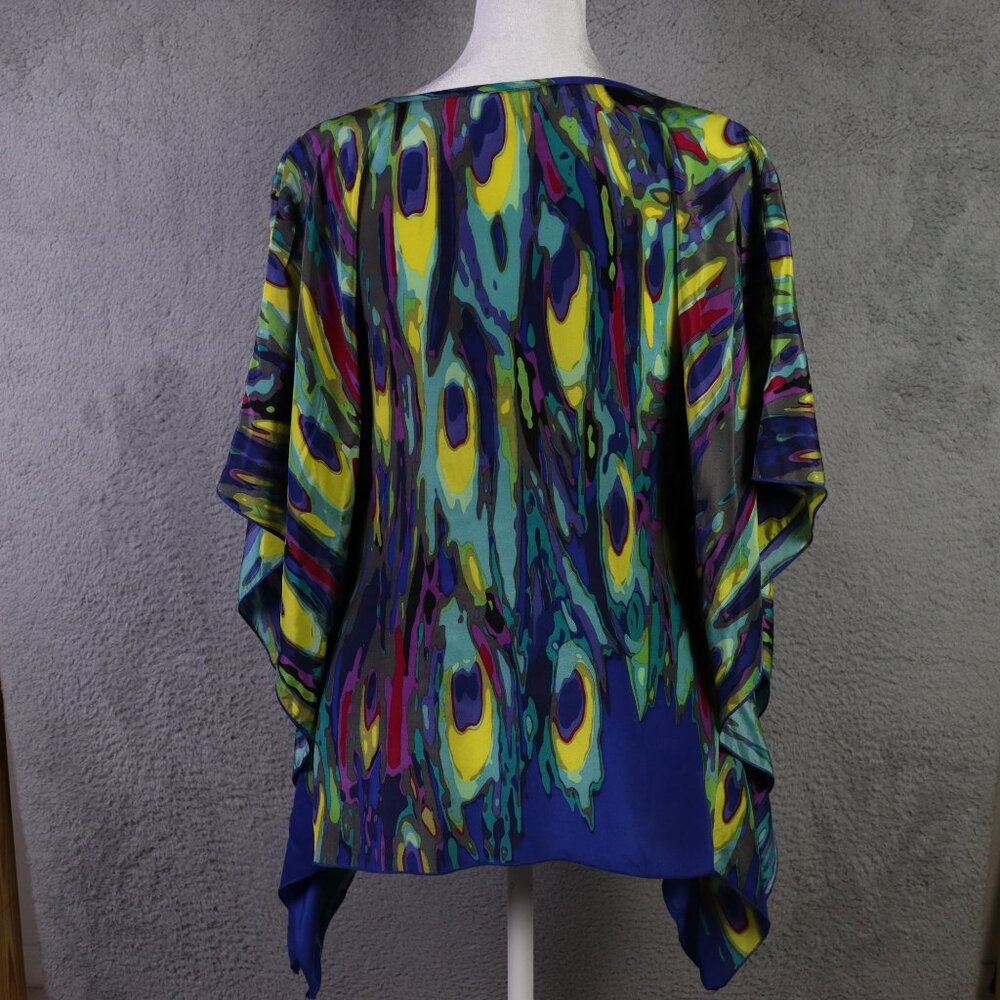 Trina Turk Top Womens P Blue Multicolor V Neck Abstract 100% Silk Blouse - Picture 2 of 10